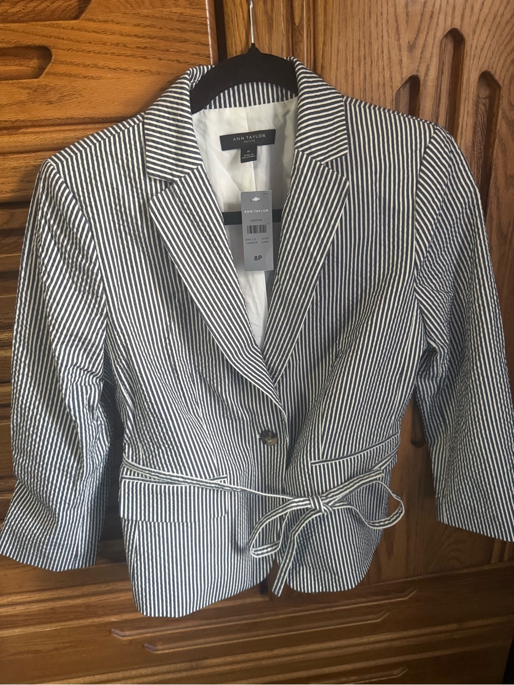 Ann Taylor Navy and White Striped Tie-Waist Blazer